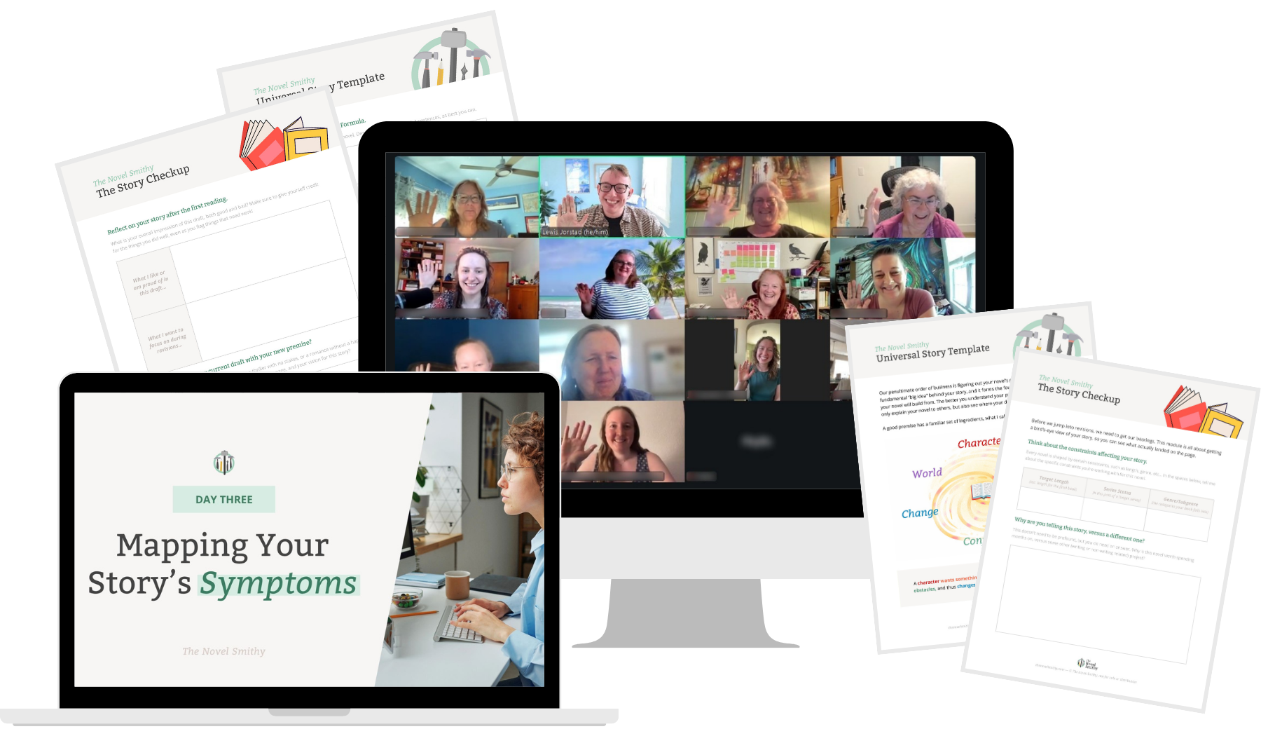 Diagnose Your Draft revision bootcamp, showing workbook pages, a laptop with workshop, and a coaching call screenshot