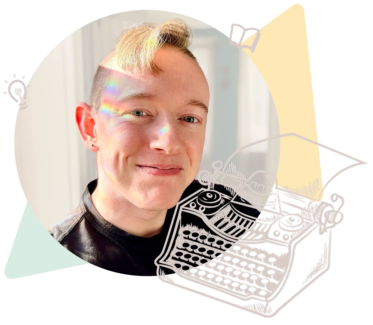 Lewis Jorstad author photo beside drawing of a typerwriter