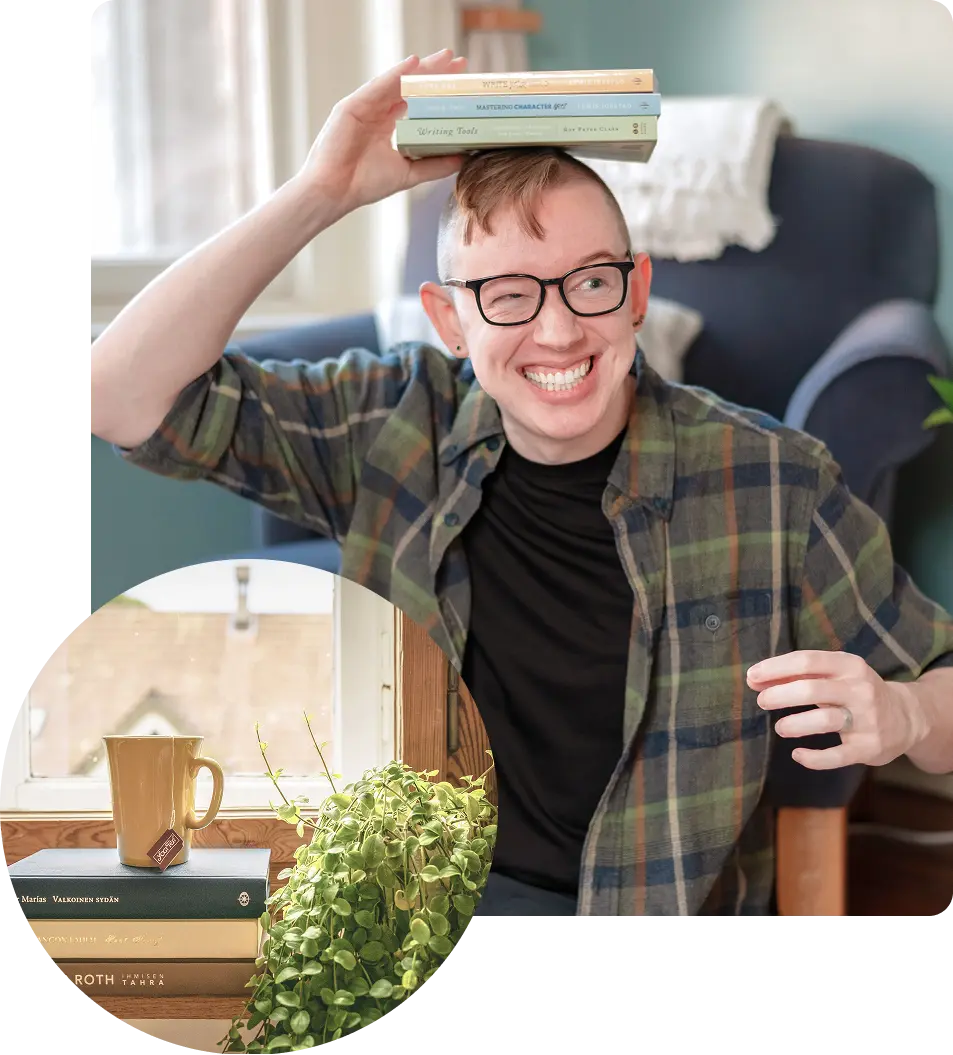 Lewis Jorstad balancing books on his head beside a mug of tea and more books
