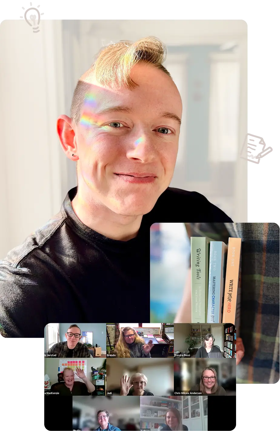 Collage with author photo, Lewis Jorstad holding books, and fiction writers on Zoom