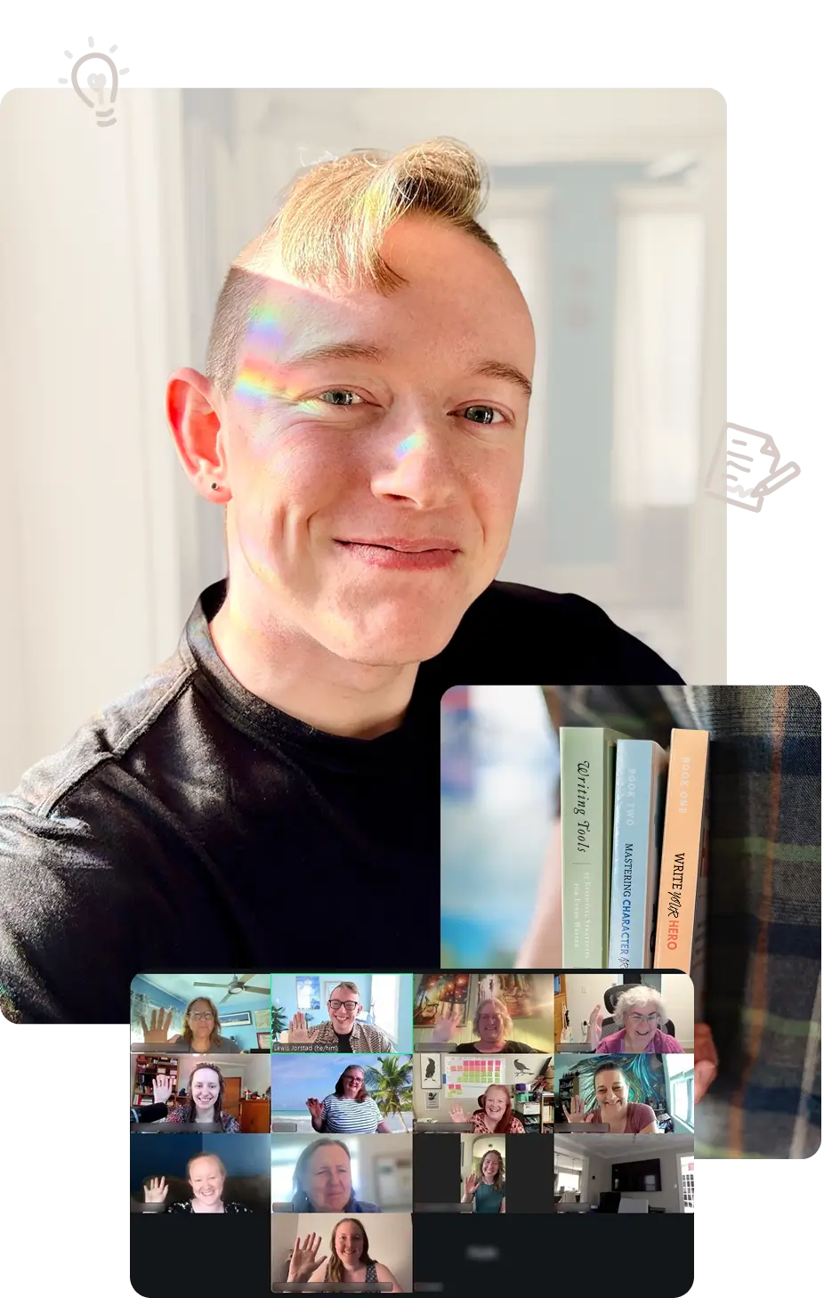 Collage with author photo, Lewis Jorstad holding books, and fiction writers on Zoom