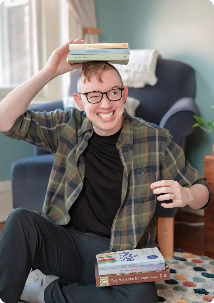 Lewis Jorstad balancing three books on his head