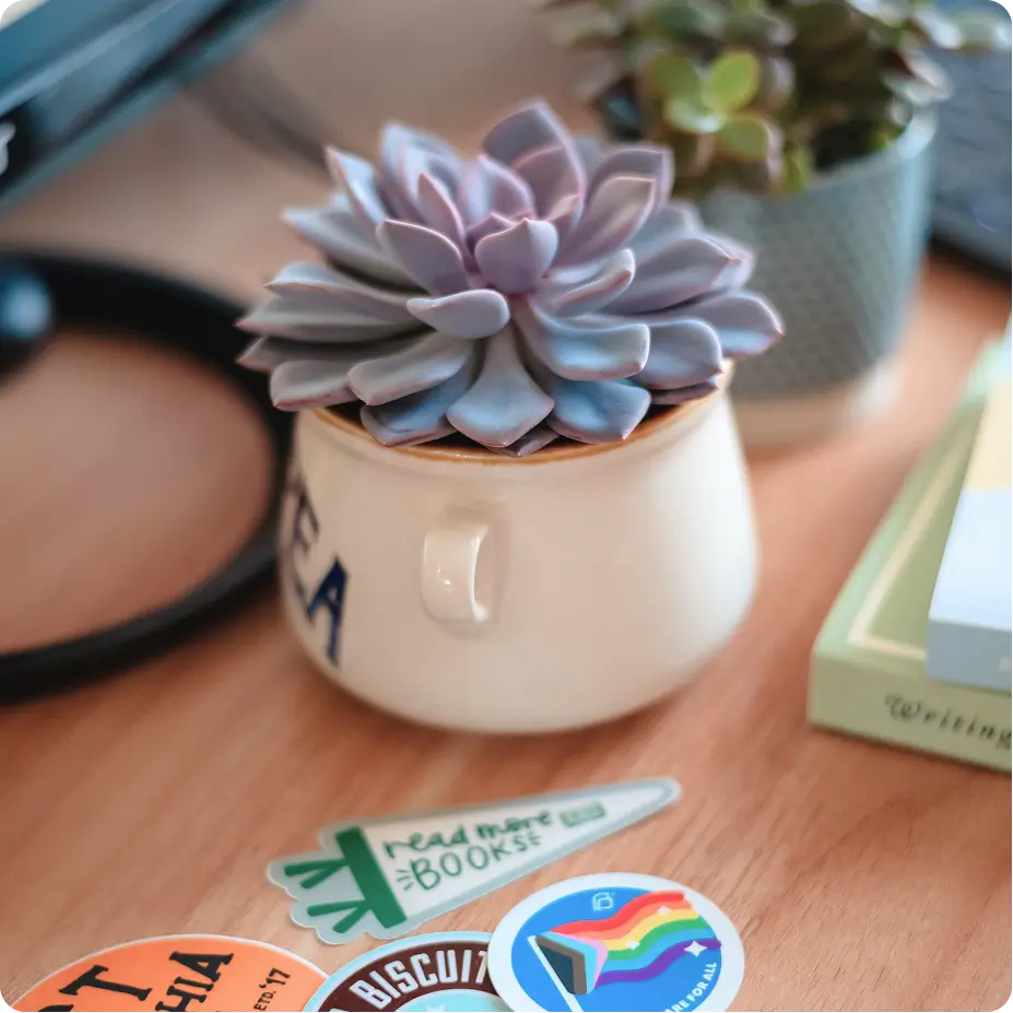 Potted plant beside sticker saying read more books
