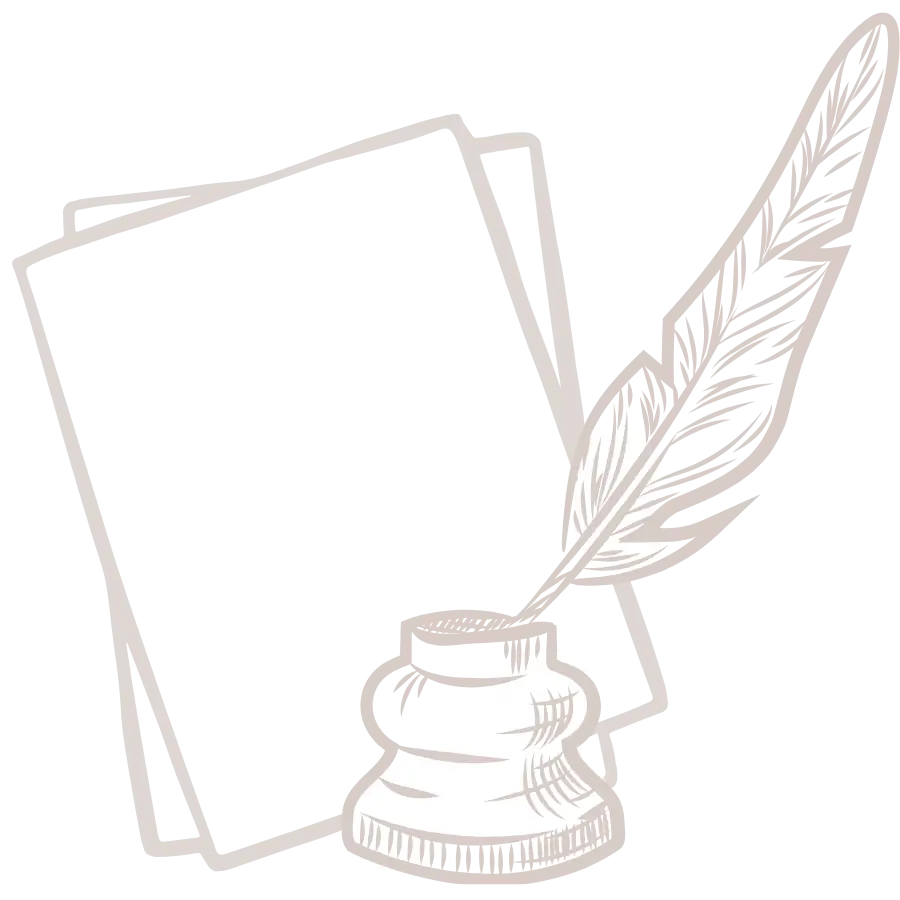 Drawing of ink, quill, and a stack of paper